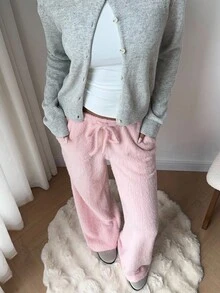 SHEIN EZwear 2025秋冬新款女式纯色抽绳腰阔腿宽松休闲舒适柔软保暖时尚长裤，适合秋季外出、圣诞节等场合穿着。 - 粉色 - 查看 4