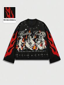 ROMWE MEN Street Life Embroidered Angels Distressed Long Sleeve T-Shirt For Men, Fall - Black - View 1