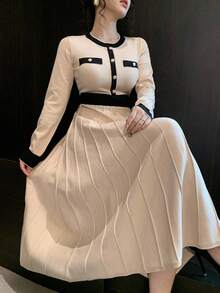 DAZY Women's Elegant Colorblock Round Neck Sweater Dress, Autumn