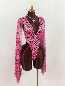 Amplova 女士豹纹深V领长袖连体衣猎豹印花 - 彩色 - 查看 4