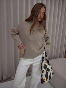 MUSERA Graphic Embossed '' Logo Ribbed Hems Oversized Knit Sweater Classy Cute Sexy Streetwear Night Out Winter Evening Elegant - Khaki - View 5