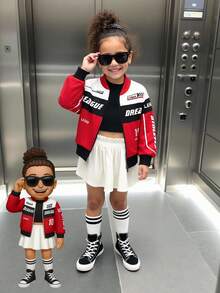 SHEIN Young Girl Colorblock Letter Print Cropped Long Sleeve Loose Stand Collar Zip-Up Bomber Jacket, Suitable For Autumn Fall Winter Varsity Jacket Race Car Girls - Red - View 4