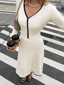 SHEIN Frenchy 女士秋季单排扣长袖针织开衫和针织 A 字裙两件套，休闲 - 杏色 - 查看 4