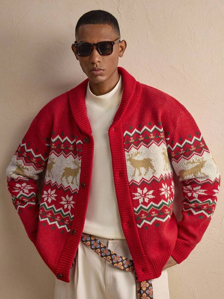 Men's Contrast Color Jacquard Drop Shoulder Long Sleeve Button Front Casual Cardigan, For Fall Winter, Christmas, New Year Glamour