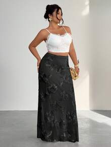 Firerie 大码女式花卉提花松紧腰鱼尾下摆优雅半身裙 - 黑色 - 查看 5