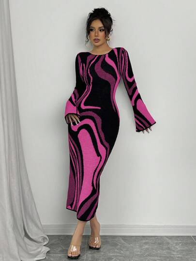 Elenzga Women's Autumn Round Neck Bell Sleeve Color Block Fitted Waist Knit Dress