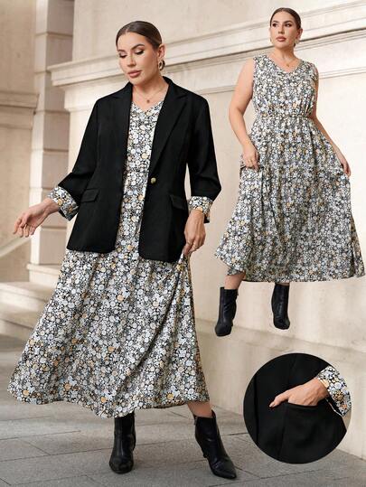 SHEIN Clasi Plus Size Floral V-Neck Sleeveless Wide Strap Maxi Casual Dress Jacket Suit Set Floral Dress Women Elegant Casual Dresses For Woman Dress With Cardigan Set French Dresses For Women 2025 Autumn And Winter New Style  Halloween Costumes   Christmas New Year With Pocket Old Money Style Office Wear Printed Two-Piece Suit