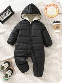 SHEIN 新生儿男女款羊毛连帽连体衣，黑色，秋冬 - 彩色 - 查看 7