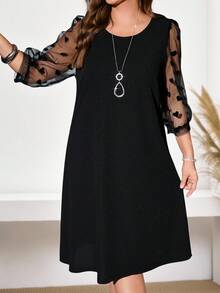 Miaspire 大码情人节纯色蕾丝拼接圆领简约休闲短款连衣裙，爱心图案，春夏款 - 黑色 - 查看 6