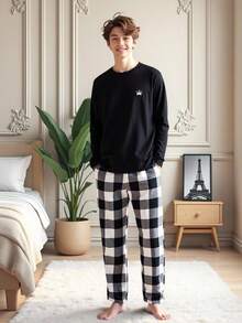 SHEIN 青少年男孩黑色格子撞色标志印花休闲校园舒适时尚简约百搭柔软面料适合日常穿着、上学、郊游、居家、秋冬 - 彩色 - 查看 1