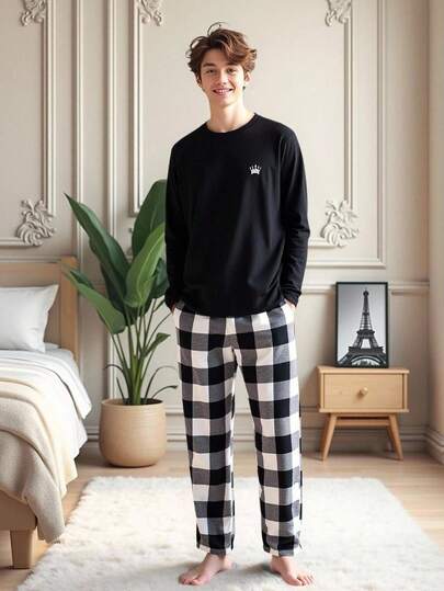 SHEIN Tonårspojkar Svarta rutiga kontrastfärgade logotyper Tryck Casual Skola Bekväm Mode Minimalistisk Mångsidig Mjukt tyg Lämplig för vardagsbruk, skola, utflykter, hem, höst/vinter