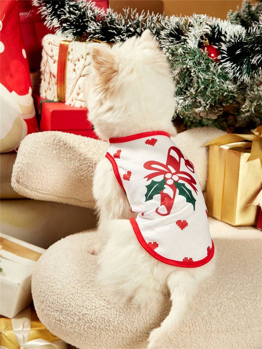 PETSIN 1pc Pet Christmas White Candy Cane & Heart Shaped Printed Dog Vest