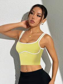SHEIN Sports Áo ba lỗ thể thao cắt ngắn màu tương phản thường ngày mùa hè - Butter Yellow - Xem 6