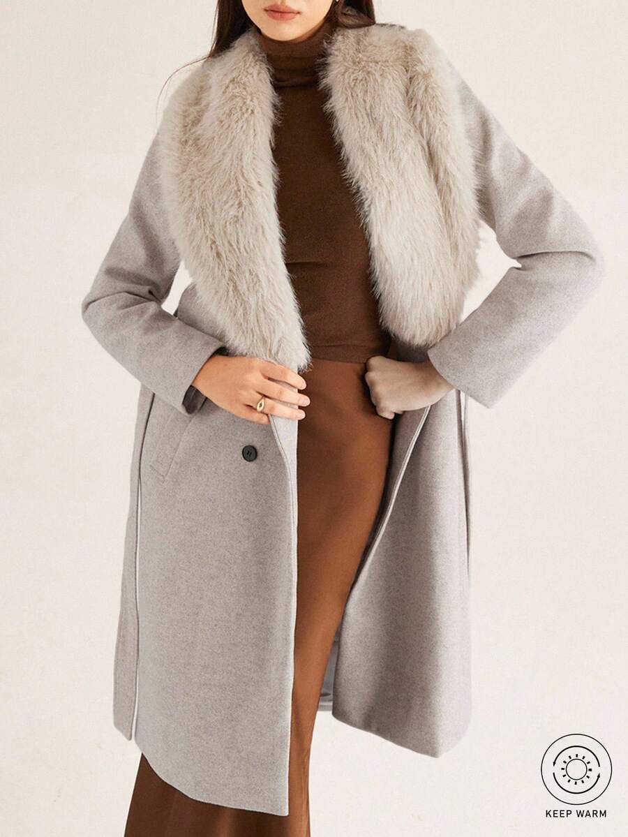 Aveloria Fur Collar Decor Luxurious Belted Long Coat, Fashionable European & American Style For Women - Light Grey - View 1
