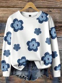 EMERY ROSE Floral Pattern Casual Loose Fit Crew Neck Plus Size Sweatshirt For Women, Suitable For Back To School, Teacher's Day, Halloween, Christmas, Fall/Winter