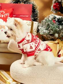 PETSIN 1 件宠物圣诞红熊心雪花几何提花羊毛保暖圆领狗狗运动衫