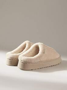 Solecia 女士厚底毛绒拖鞋，保暖毛绒衬里，防滑，适合室内/室外使用，冬季时尚休闲纯色家居鞋 - 米色 - 查看 4