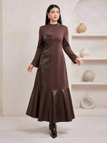 Veilorie Áo nỉ dài tay cổ tròn tối giản màu trơn dành cho nữ, trang phục thường ngày thu đông dành cho nữ - màu nâu - Xem 3