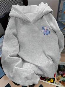 Tween Girl Casual Fashionable Comfortable Minimalist Floral Pattern Fleece Sweatshirt, Versatile For Autumn/Winter - Grey - View 2