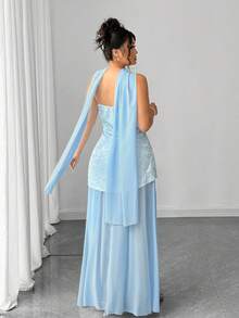 Elenzga 大码女式时尚热销设计感派对宴会高端围巾领优雅修身开叉连衣裙，双层面料露肩 - 藍色 - 查看 4