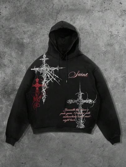 Street Life Sweat-shirt à capuche décontracté avec cordon de serrage et imprimé croix pour hommes, pour l'automne