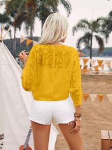 EMERY ROSE Women's Vacation Jacquard Knotted Waist Batwing 3/4 Sleeve Loose Fashion Blouse