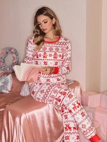 圣诞元素条纹印花撞色圆领上衣和裤子睡衣套装，休闲舒适，适合女性，情侣圣诞睡衣，女士圣诞睡衣，女士长袖红色睡衣套装，舒适睡衣套装，秋冬服装 - 紅色 - 查看 5