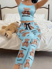 SHEIN 2pcs Cute Bear Print Camisole & Pants Pajama Set - Multicolor - View 6