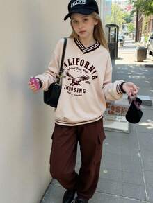 Sparklyn 2 件套青少年女孩休闲时尚运动日常通勤美式棒球风格 Polo 领宽松长袖上衣和舒适工装裤，秋冬 - 卡其色 - 查看 3