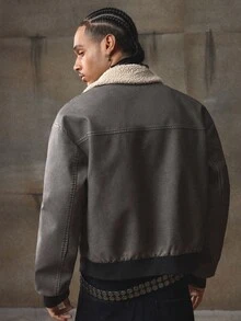 AXEPEAK Vintage Men's Solid Color Drop Shoulder Casual Zip-Up Fashionable Jacket, Grunge, Fall/Winter - Black - View 2