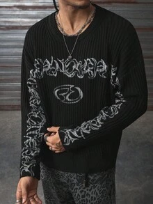 AXEPEAK Men's Casual Loose Fit Letter Pattern Round Neck Drop Shoulder Long Sleeve Sweater, Autumn/Winter - Black - View 6