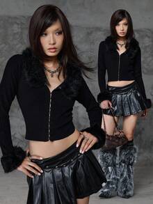 SHEIN Unity Women's American Street Style Cropped Fuzzy Collar Patchwork Knit Sweater Top,Goth Blackness Autumn Halloween Niche Design Club Cloth - Black - View 3
