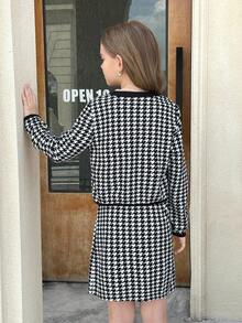 SHEIN 青少年女孩优雅针织千鸟格撞色开衫夹克和 A 字裙套装，带纽扣装饰，非常适合秋冬季休闲日常穿着和上学日常，适合圣诞节、女孩冬装、圣诞节 - 黑色 - 查看 11