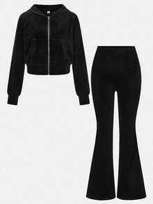 SHEIN Glowzi Teen Girl Velvet Rhinestone Zip-Up Hoodie Top And Slim Flare Pants Casual Elegant 2 Pieces Set, Suitable For Halloween, Loungewear, And Everyday Wear Fall Winter Outfits 2 Piece Set Girls Two Piece Set Black