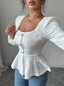 Selianne Elegant French Style Beige Embossed Jacquard Blouse With Romantic Puff Sleeves, Fitted Waist And A-Line Hem, Fashionable And Charming Design For Back To School Season, Spring/Autumn - Apricot - View 5