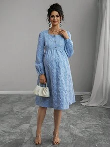 SHEIN 孕妇圆领提花面料纽扣前长袖连衣裙，春秋 - 藍色 - 查看 4