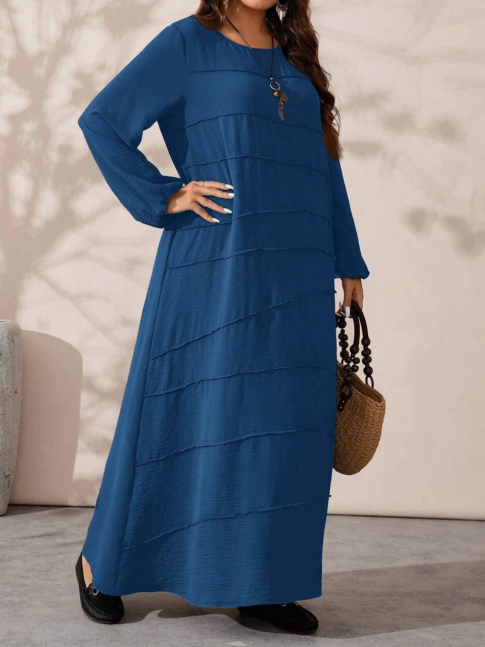 Plus Size Women Casual Solid Color Round Neck Long Dress