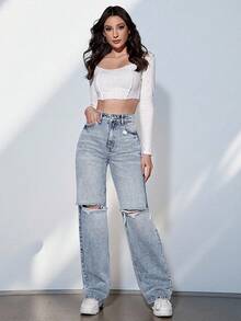 大码女式休闲度假街头时尚做旧无弹力浅蓝色牛仔裤 - 淺色水洗藍 - 查看 5