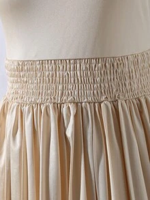 Teen Girls Elegant Minimalist Fashion Graceful Elegant Waist Cinched Mid-Length Solid Color Satin Glossy High-End Pleated Long Dress, Champagne Color, Suitable For Graduation, Prom, Christmas, Halloween - Apricot - View 4