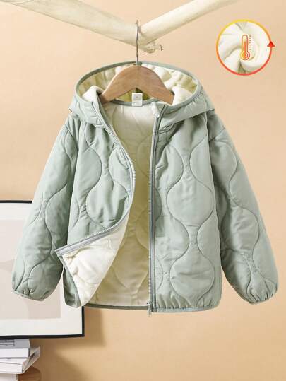 SHEIN 1 件年轻男童休闲百搭舒适宽松纯色拉链连帽棉衣，适合返校、生日、迎婴派对、节日派对、秋冬季