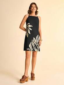 CAJUNI Women's Bohemian Tropical Plant Leaf Print Brown Spaghetti Strap Mini Dress,Graphic