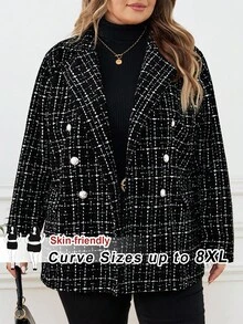 SHEIN CURVE+ Blazer casual con colletto a tacca, manica lunga, bottoni davanti, in tessuto a quadri, adatto per taglie comode, in materiale tweed, giacca blazer nera, giacca invernale da donna, con paillettes, adatta per feste, autunno/inverno