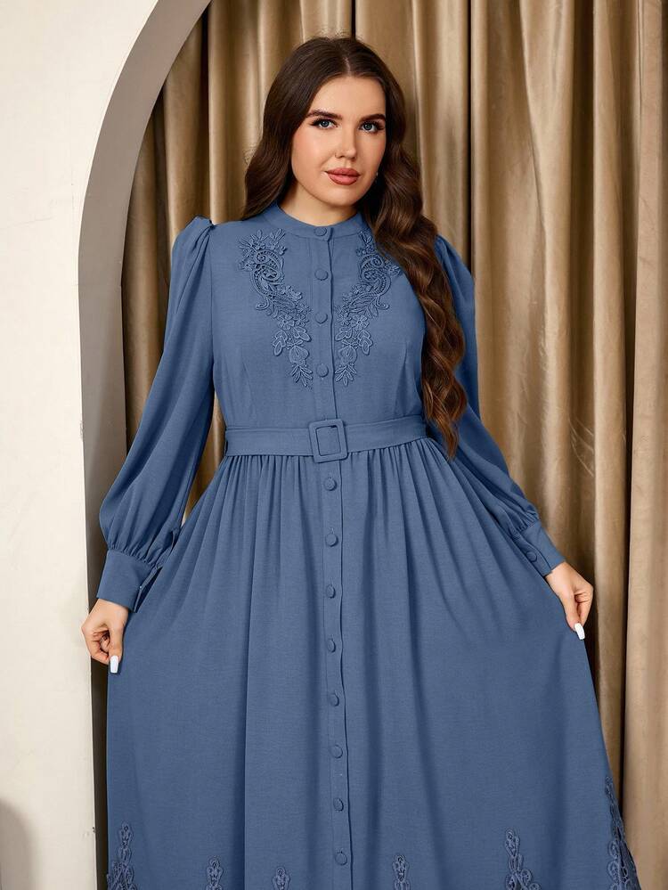 Graceveil Plus Size Long Sleeve Solid Color Lace Waist Belt Elegant Casual Dress - Blue - View 5