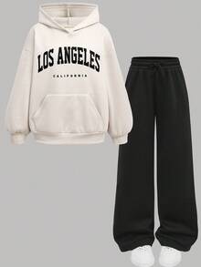 Girlism Teen Girl Autumn/Winter Letter Print Drop Shoulder Long Sleeve Hoodie With Pocket And Wide Leg Pants Casual Suit, Suitable For Sports, Business Casual Fall - Multicolor - View 14