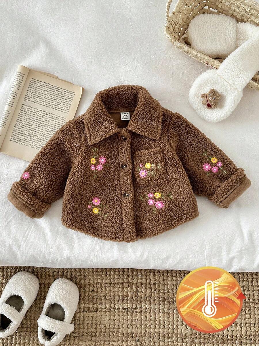 SHEIN Baby Girl Thick Fleece Embroidered Flower Collar Long Sleeve Jacket, Autumn/Winter Fall - Coffee Brown - View 1