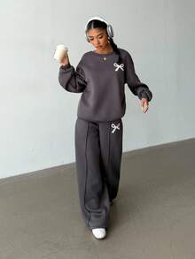 SHEIN 2pcs/Set Teen Girls Loose Fit Pullover Hoodie + Wide Leg Pants, Casual & Fashionable Everyday Wear Fall Winter - Grey - View 5