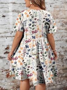 EMERY ROSE Casual Vintage Ditsy Floral Loose Fit Round Neck Short Sleeve Plus Size Dress, Suitable For Teacher's Day And Back To School Season