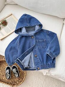 SHEIN 女婴蓝色牛仔连帽长袖夹克 - 深色水洗藍 - 查看 5
