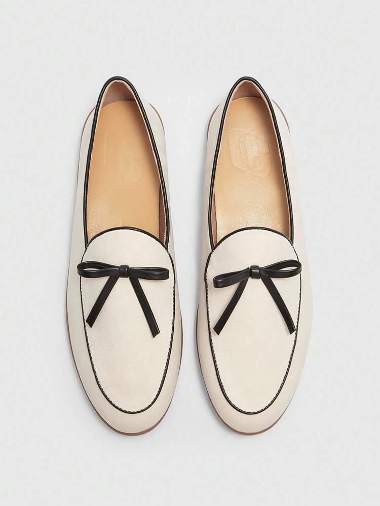 CUCCOO BIZCHIC Beige Flat Vintage British Style Bow Decor Fashion Versatile Comfortable Casual Loafers For Women