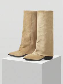 MOTF WOMEN'S FASHIONABLE APRICOT CHUNKY HEEL POINTED TOE OVER-THE-KNEE BOOTS - Apricot - View 4